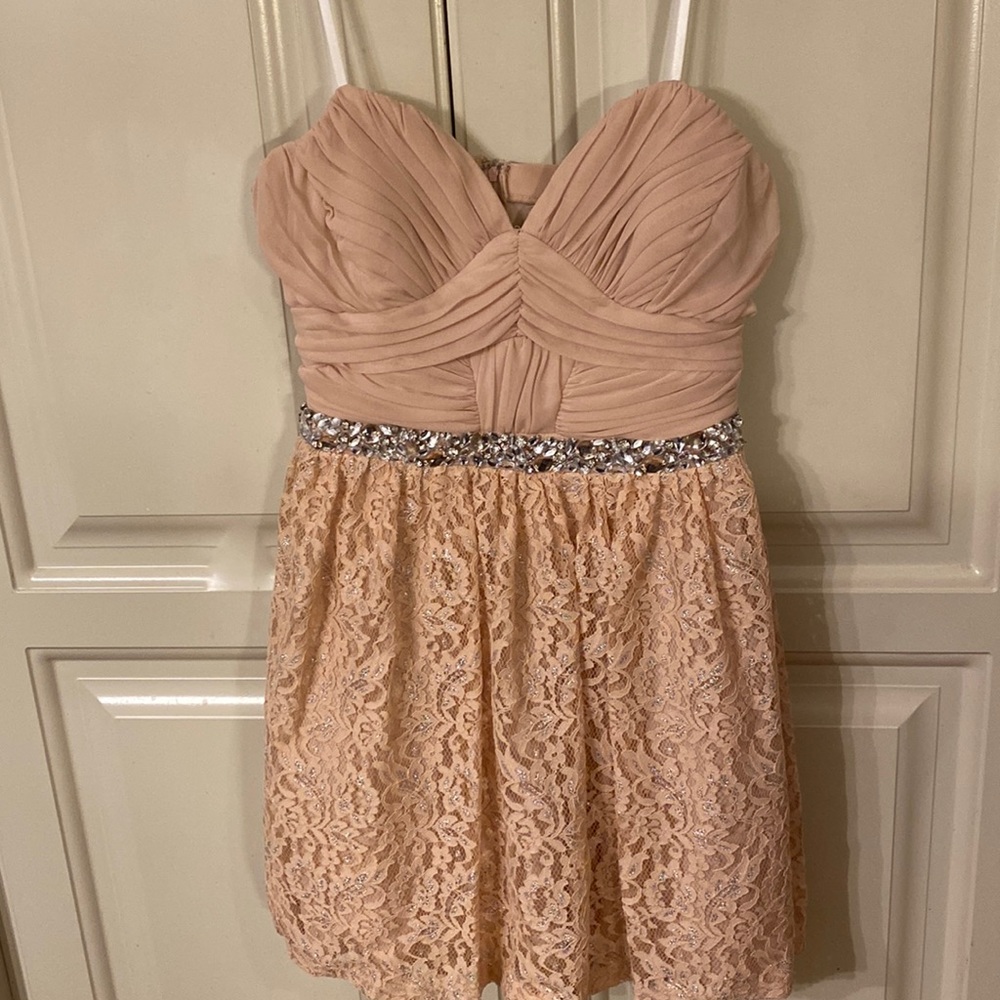 Beautiful size 13 peach and silver strapless formal dress for a junior